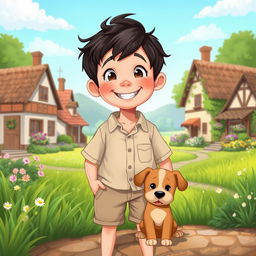 A charming scene depicting an honest boy with a warm smile, standing in a picturesque village setting