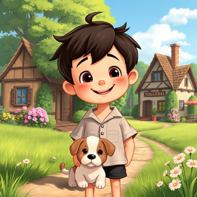 A charming scene depicting an honest boy with a warm smile, standing in a picturesque village setting