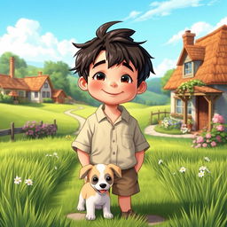 A charming scene depicting an honest boy with a warm smile, standing in a picturesque village setting