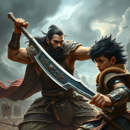 A dramatic and intense scene depicting the legendary Persian hero Rostam battling his son Sohrab