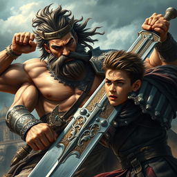 A dramatic and intense scene depicting the legendary Persian hero Rostam battling his son Sohrab