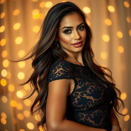 A captivating and alluring portrait of a stunning woman with long flowing hair, dressed in a stylish black lace dress