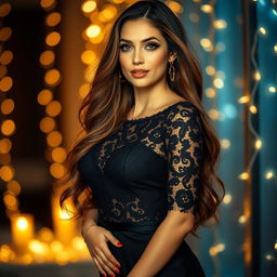 A captivating and alluring portrait of a stunning woman with long flowing hair, dressed in a stylish black lace dress