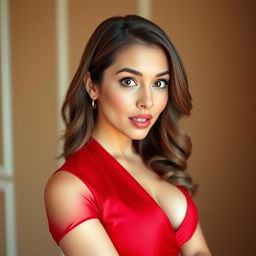 A beautiful 25-year-old woman dressed in an alluring red outfit, elegantly showcasing her ample cleavage, with a naturally surprised expression on her face