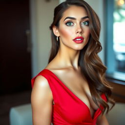 A beautiful 25-year-old woman dressed in an alluring red outfit, elegantly showcasing her ample cleavage, with a naturally surprised expression on her face