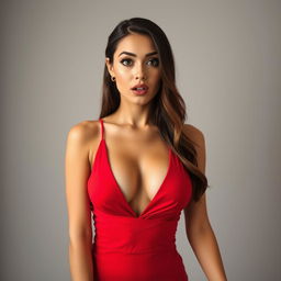 A beautiful 25-year-old woman dressed in an alluring red outfit, elegantly showcasing her ample cleavage, with a naturally surprised expression on her face