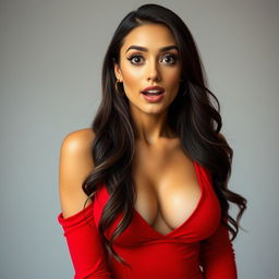 A beautiful 25-year-old woman dressed in an alluring red outfit, elegantly showcasing her ample cleavage, with a naturally surprised expression on her face