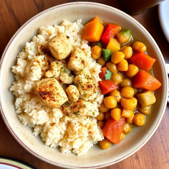 A delicious plate of Palestinian chicken couscous served alongside a vibrant vegetable stew with potatoes and chickpeas