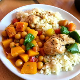 A delicious plate of Palestinian chicken couscous served alongside a vibrant vegetable stew with potatoes and chickpeas
