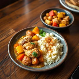 A delicious plate of Palestinian chicken couscous served alongside a vibrant vegetable stew with potatoes and chickpeas