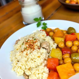 A delicious plate of Palestinian chicken couscous served alongside a vibrant vegetable stew with potatoes and chickpeas