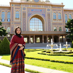 A beautiful view of the Golestan Palace in Tehran, Iran, featuring a woman standing on the left in traditional Iranian dress