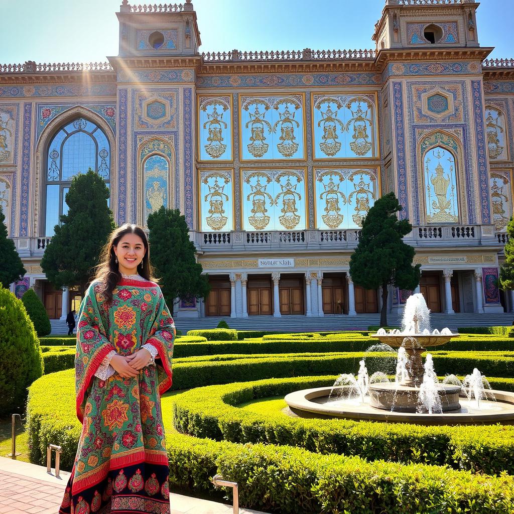A beautiful view of the Golestan Palace in Tehran, Iran, featuring a woman standing on the left in traditional Iranian dress