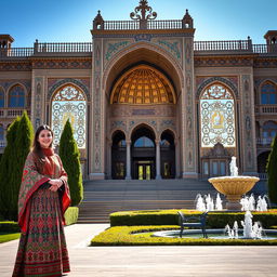 A beautiful view of the Golestan Palace in Tehran, Iran, featuring a woman standing on the left in traditional Iranian dress