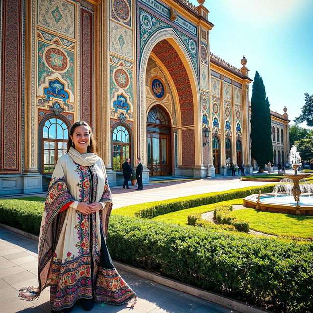 A beautiful view of the Golestan Palace in Tehran, Iran, featuring a woman standing on the left in traditional Iranian dress