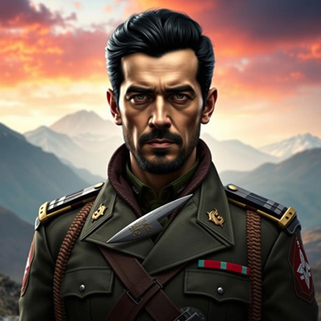 A striking character portrait of a fictional character inspired by Pagin Min from Far Cry 4 but reimagined as Bashar al-Assad