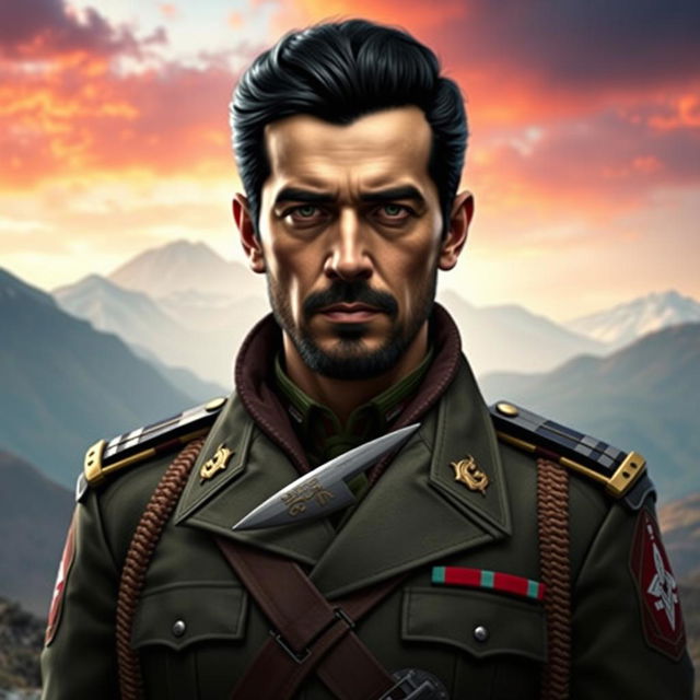 A striking character portrait of a fictional character inspired by Pagin Min from Far Cry 4 but reimagined as Bashar al-Assad