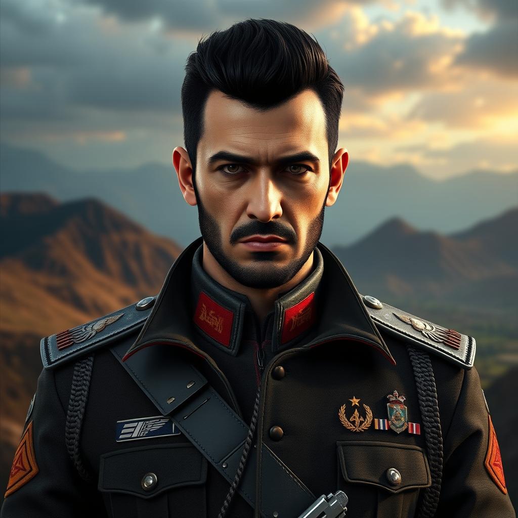 A striking character portrait of a fictional character inspired by Pagin Min from Far Cry 4 but reimagined as Bashar al-Assad