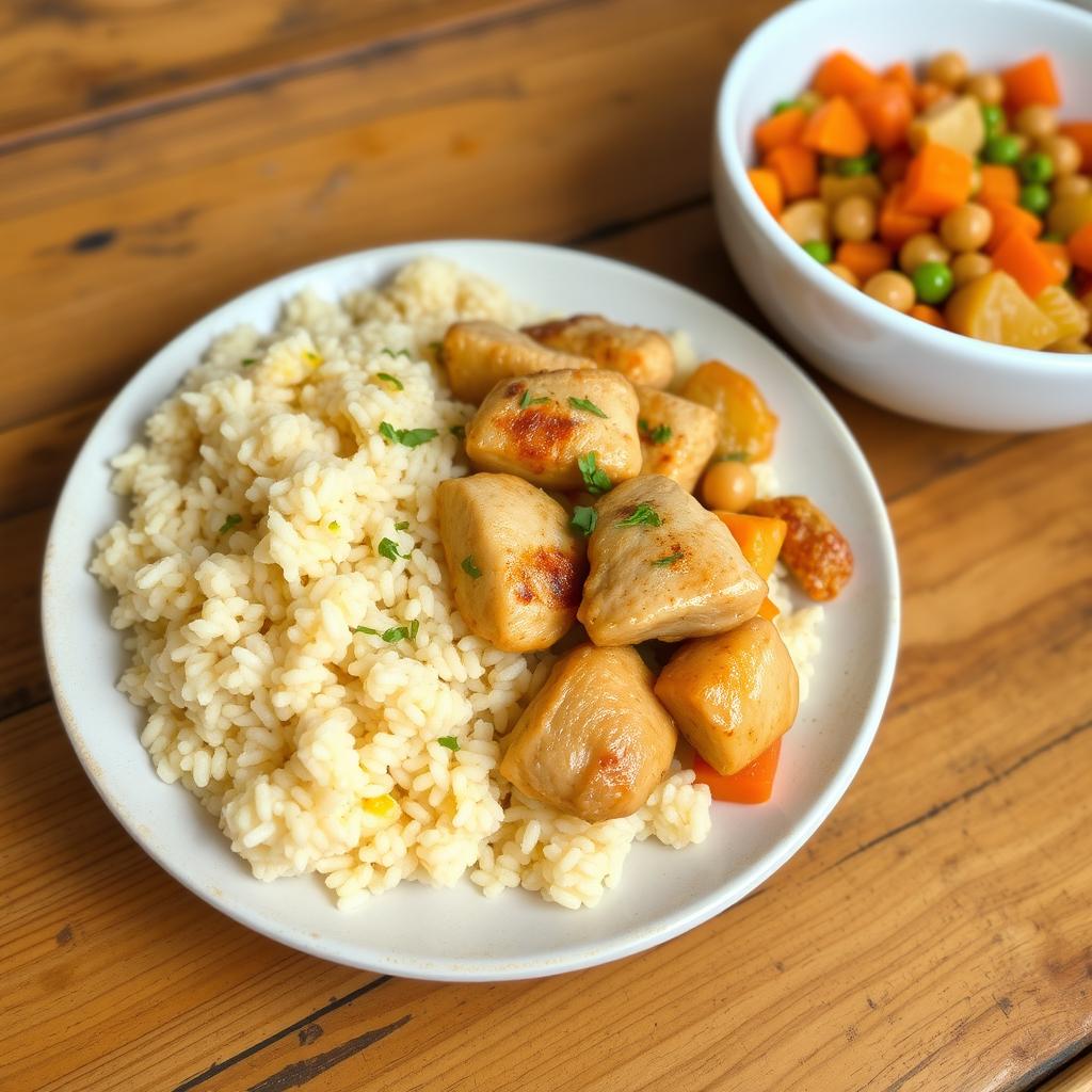 A delicious plate of couscous with chicken, served alongside a vibrant dish of vegetable stew featuring potatoes and chickpeas