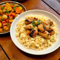 A delicious plate of couscous with chicken, served alongside a vibrant dish of vegetable stew featuring potatoes and chickpeas