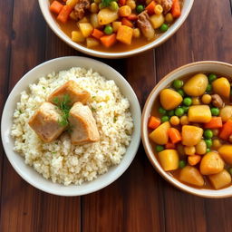 A delicious plate of couscous with chicken, served alongside a vibrant dish of vegetable stew featuring potatoes and chickpeas