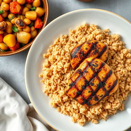 A beautifully arranged plate of brown couscous topped with succulent grilled chicken