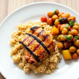 A beautifully arranged plate of brown couscous topped with succulent grilled chicken