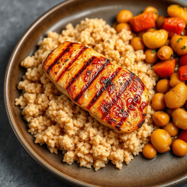 A beautifully arranged plate of brown couscous topped with succulent grilled chicken