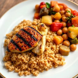 A beautifully arranged plate of brown couscous topped with succulent grilled chicken