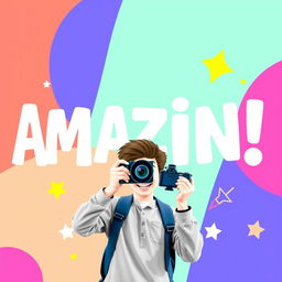 A vibrant and eye-catching thumbnail design featuring a colorful abstract background with bold shapes, large text overlay that reads 'Amazing Video!' in a dynamic font, an image of a cheerful person holding a camera in the foreground, surrounded by playful graphic elements like stars and arrows, creating an energetic and inviting atmosphere
