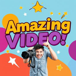 A vibrant and eye-catching thumbnail design featuring a colorful abstract background with bold shapes, large text overlay that reads 'Amazing Video!' in a dynamic font, an image of a cheerful person holding a camera in the foreground, surrounded by playful graphic elements like stars and arrows, creating an energetic and inviting atmosphere