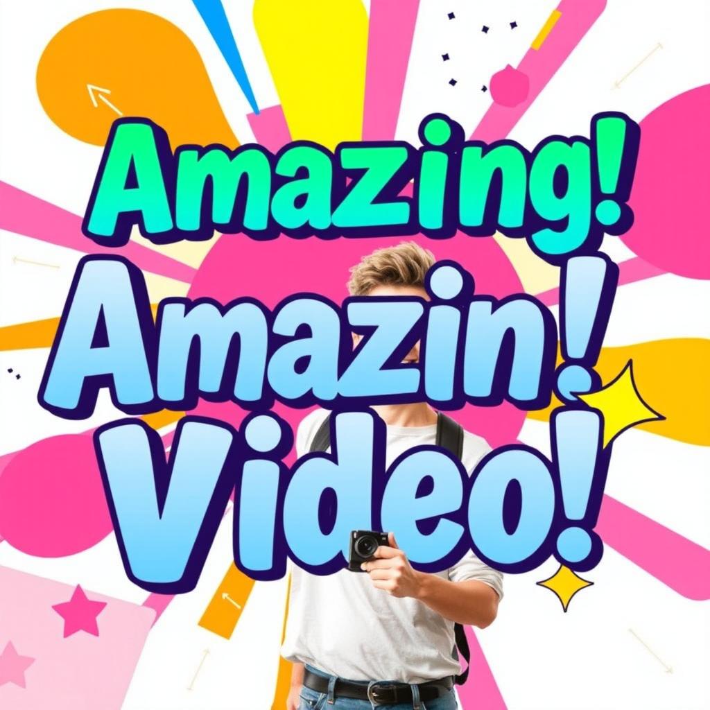 A vibrant and eye-catching thumbnail design featuring a colorful abstract background with bold shapes, large text overlay that reads 'Amazing Video!' in a dynamic font, an image of a cheerful person holding a camera in the foreground, surrounded by playful graphic elements like stars and arrows, creating an energetic and inviting atmosphere