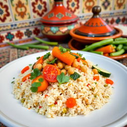 A beautifully arranged plate of Moroccan couscous served with a variety of colorful vegetables, such as carrots, zucchini, and chickpeas