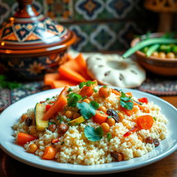 A beautifully arranged plate of Moroccan couscous served with a variety of colorful vegetables, such as carrots, zucchini, and chickpeas
