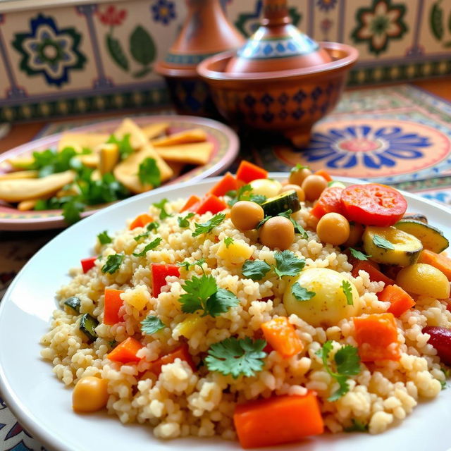 A beautifully arranged plate of Moroccan couscous served with a variety of colorful vegetables, such as carrots, zucchini, and chickpeas