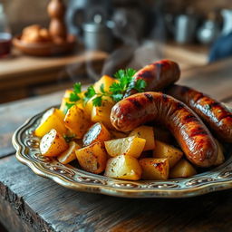 A delicious dish featuring crispy roasted potatoes and flavorful sausages, seasoned with herbs and spices