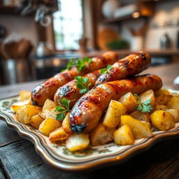 A delicious dish featuring crispy roasted potatoes and flavorful sausages, seasoned with herbs and spices