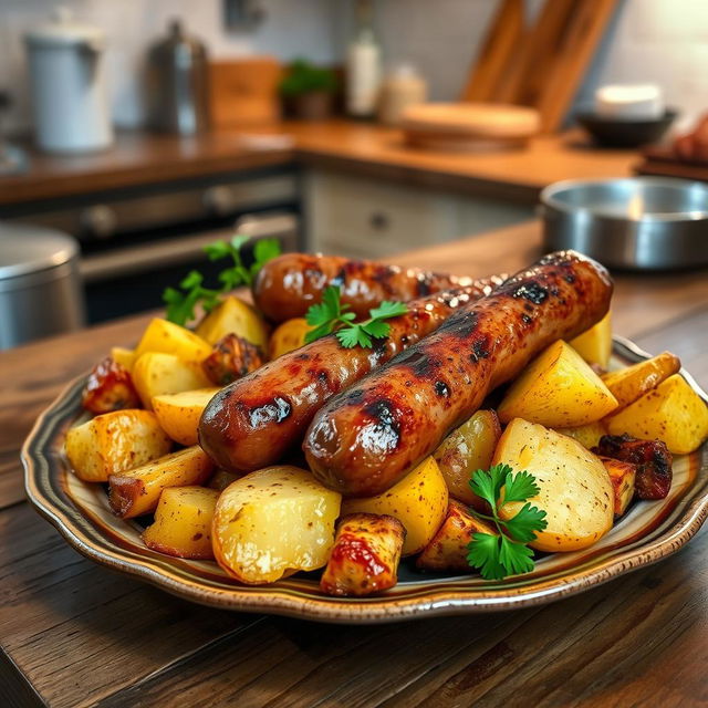 A delicious dish featuring crispy roasted potatoes and flavorful sausages, seasoned with herbs and spices