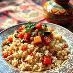 A beautiful Moroccan couscous dish served in an ornate plate, featuring fluffy, perfectly steamed couscous topped with vivid vegetables like carrots, zucchini, and chickpeas, garnished with fresh herbs
