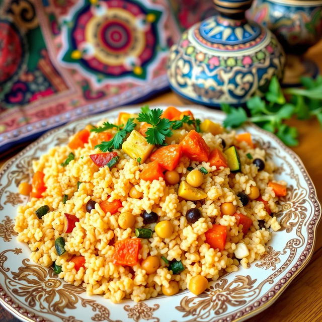 A beautiful Moroccan couscous dish served in an ornate plate, featuring fluffy, perfectly steamed couscous topped with vivid vegetables like carrots, zucchini, and chickpeas, garnished with fresh herbs