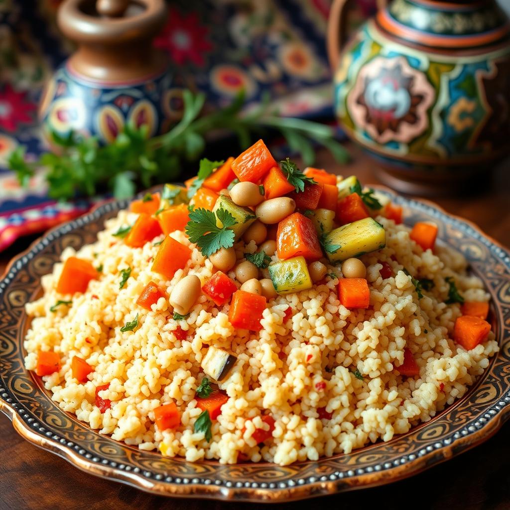 A beautiful Moroccan couscous dish served in an ornate plate, featuring fluffy, perfectly steamed couscous topped with vivid vegetables like carrots, zucchini, and chickpeas, garnished with fresh herbs