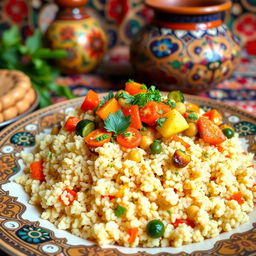 A beautiful Moroccan couscous dish served in an ornate plate, featuring fluffy, perfectly steamed couscous topped with vivid vegetables like carrots, zucchini, and chickpeas, garnished with fresh herbs