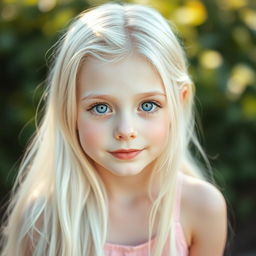 A beautiful and cute girl with long white hair cascading down her shoulders, exuding a calm and kind aura