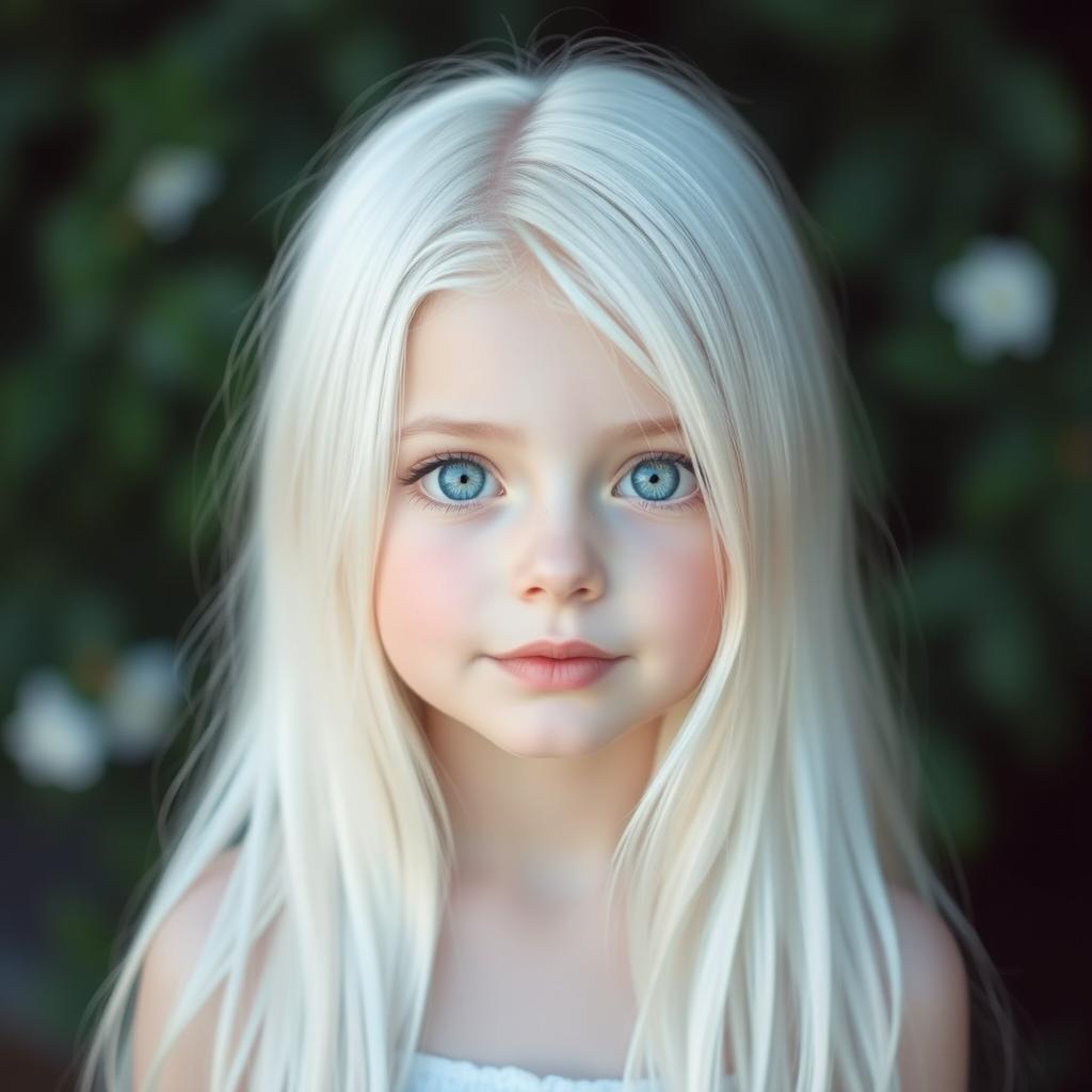 A beautiful and cute girl with long white hair cascading down her shoulders, exuding a calm and kind aura