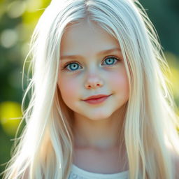 A beautiful and cute girl with long white hair cascading down her shoulders, exuding a calm and kind aura