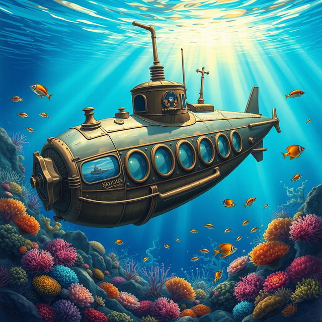 A beautifully detailed illustration of Captain Nemo's submarine, the Nautilus, set under the serene blue depths of the ocean