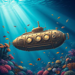 A beautifully detailed illustration of Captain Nemo's submarine, the Nautilus, set under the serene blue depths of the ocean