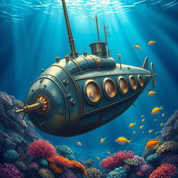 A beautifully detailed illustration of Captain Nemo's submarine, the Nautilus, set under the serene blue depths of the ocean