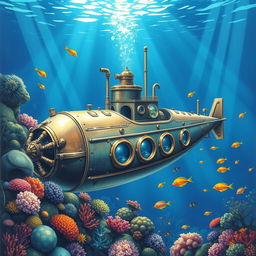 A beautifully detailed illustration of Captain Nemo's submarine, the Nautilus, set under the serene blue depths of the ocean