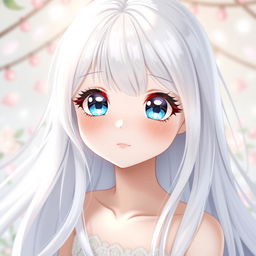 A beautiful and cute anime girl with long, flowing white hair that shines with a gentle luster